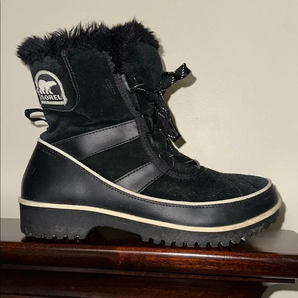 SOREL 7.5 Women’s Black White Trim Leather Suede Tivoli II Faux Fur Ankle Boots